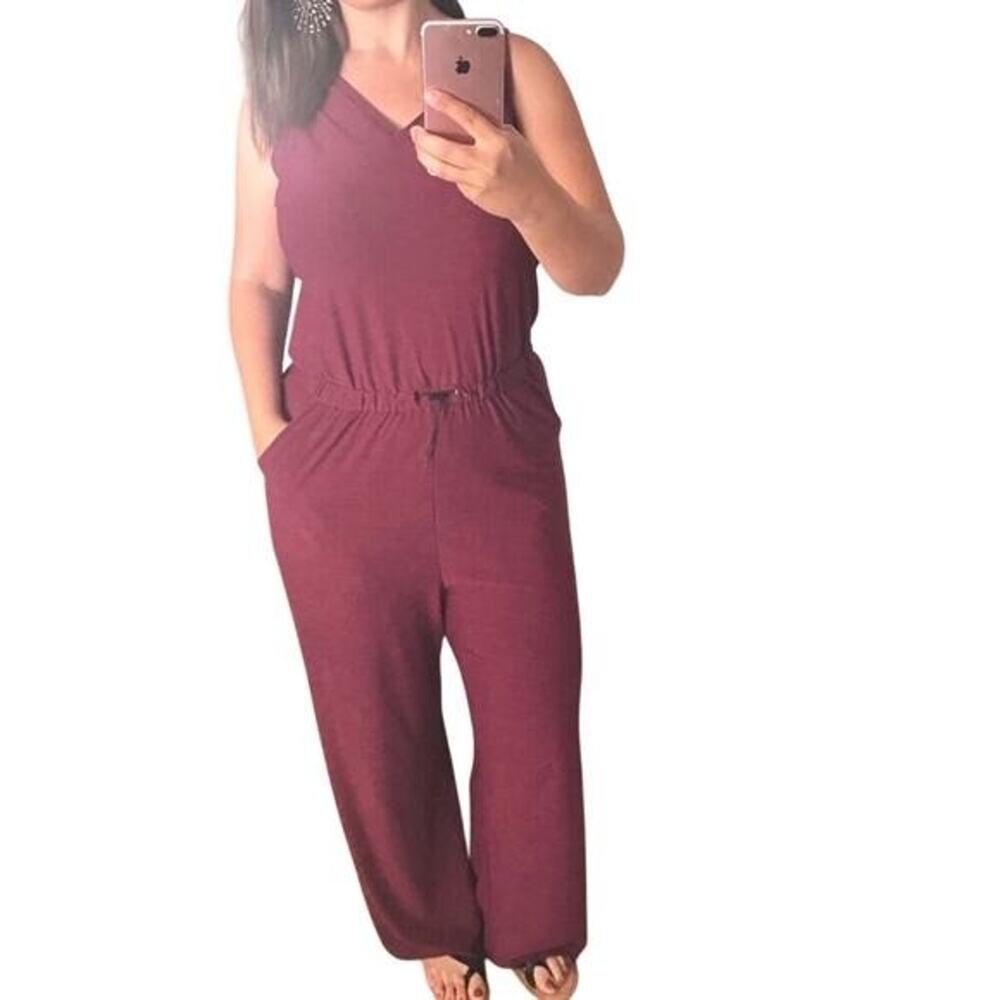 Calvin Klein Jumpsuit Women's V Neck Sleeveless Casual Burgundy Drawstring Large